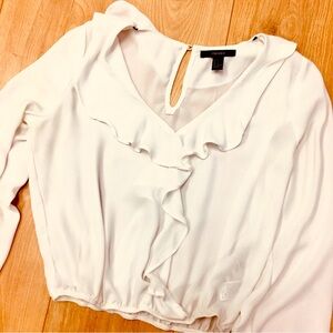 Forever 21 White Ruffle V-Neck Blouse professional beach classic small